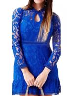 Rosewe Long Sleeve High Waist Royal Blue Lace Dress