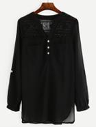Shein Black Crochet Panel Half Placket Blouse With Pockets