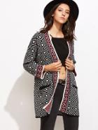 Shein Black And White Geo Pattern Open Front Cardigan