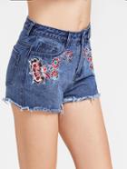 Shein Flower Embroidered Raw Cut Denim Shorts