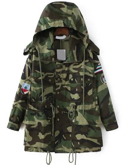 Shein Camouflage Print Embroidery Drawstring Hooded Coat With Sequin Detail