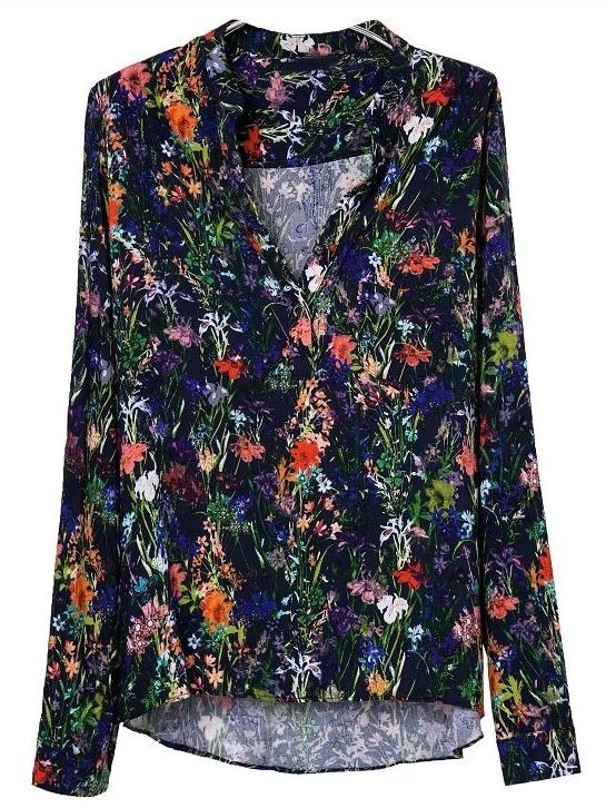 Shein Multicolor Long Sleeve V Neck Print Blouse