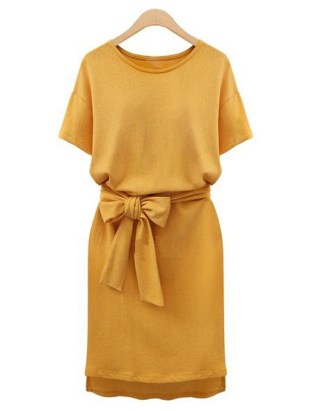 Shein Yellow Round Neck Tie-waist Slim Dress