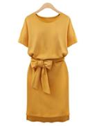Shein Yellow Round Neck Tie-waist Slim Dress