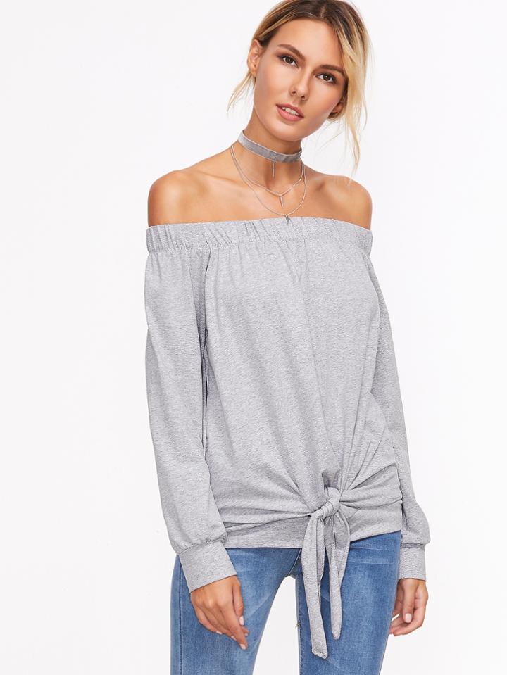 Shein Grey Off The Shoulder Knotted Sweatshirt
