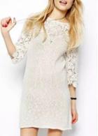 Rosewe Chic Half Sleeve Round Neck Lace Splicing White Dress