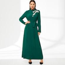 Shein Mock-neck Floral Embroidered Self Belted Hijab Dress