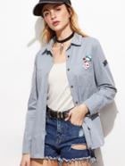Shein Blue Letter Print Shirt Jacket With Badge Detail