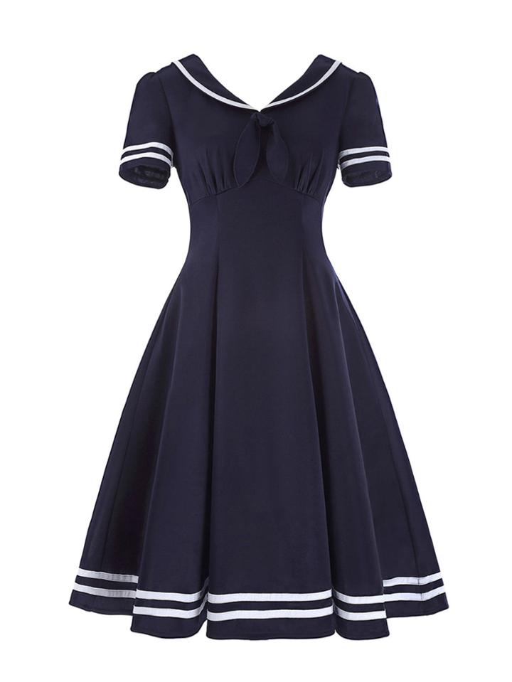 Shein Knot Front Striped Trim Flare Dress