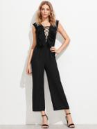 Shein Lace Up Plunge Neck Pleated Flounce Trim Palazzo Jumpsuit