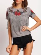 Shein Grey Crew Neck Floral Tassel T-shirt