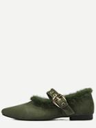 Shein Army Green Point Toe Fur Trim Mary Jane Suede Shoes