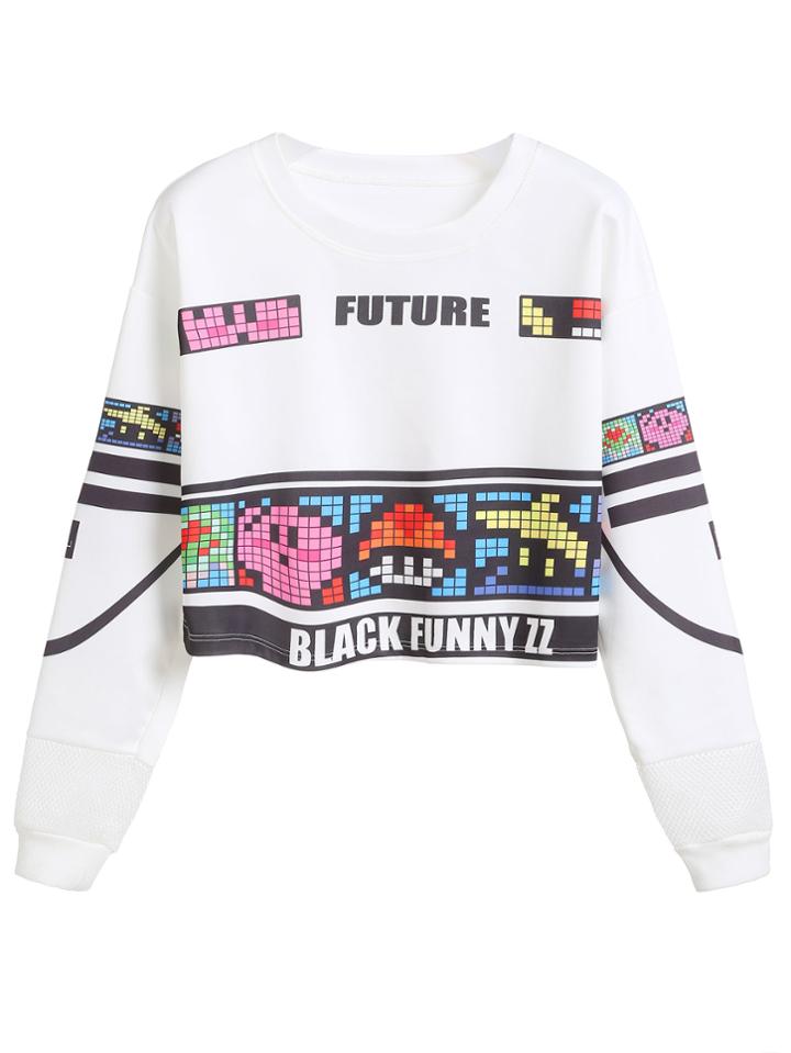 Shein White Graphic Print Drop Shoulder Crop Sweatshirt