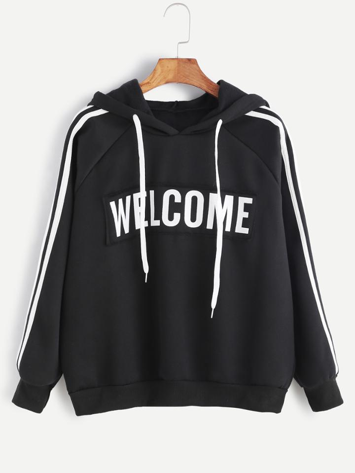 Shein Black Hooded Raglan Sleeve Striped Trim Patch Sweatshirt