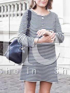 Shein Navy White Crew Neck Button Striped Dress