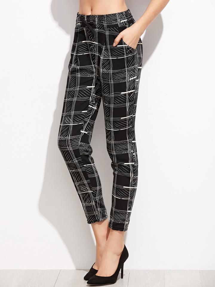 Shein Black Plaid Drawstring Pants