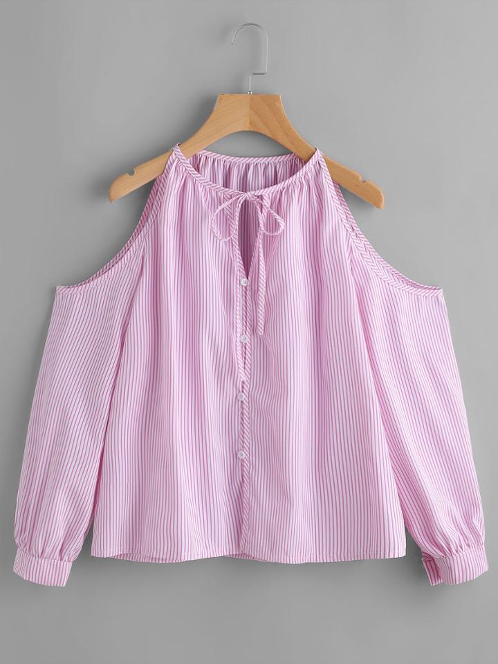 Shein Open Shoulder Pinstriped Tie Neck Top