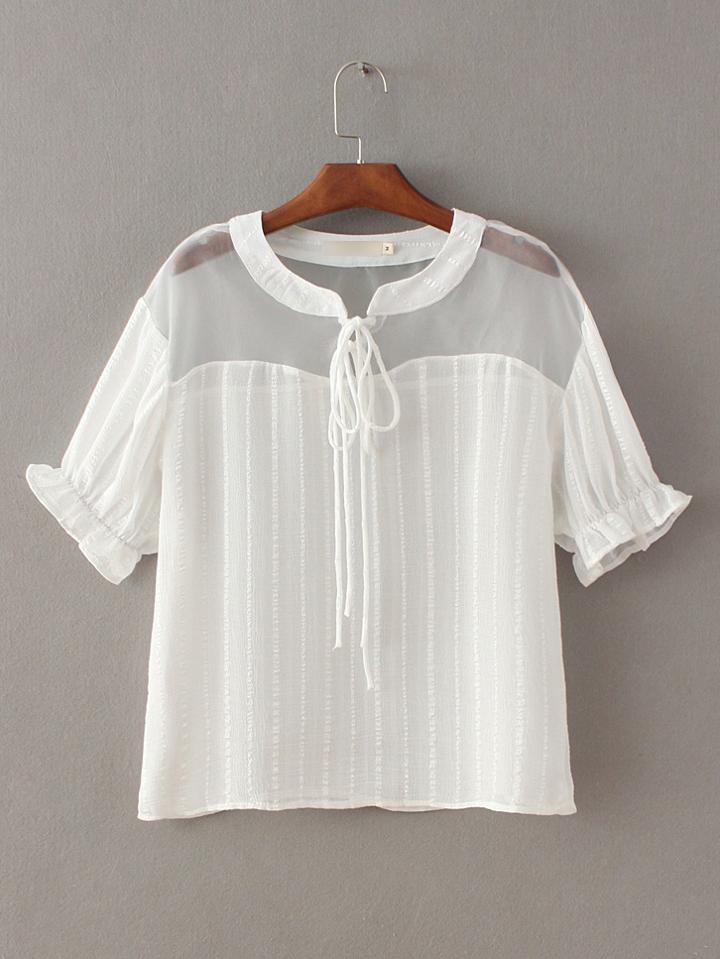 Shein White Elastic Cuff Self Tie Blouse