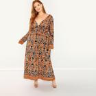 Shein Plus Double V-neck Vine Print Maxi Dress