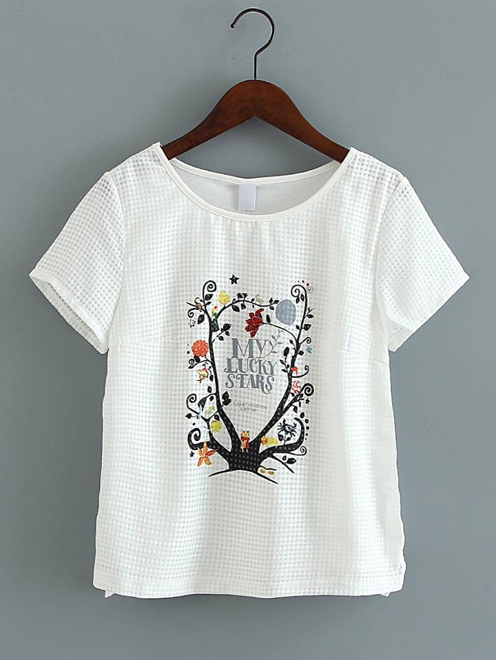 Shein White Round Neck Plaid Printed T-shirt