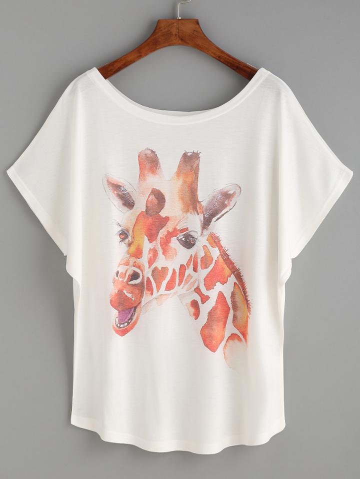 Shein White Giraffe Print Dolman Sleeve T-shirt