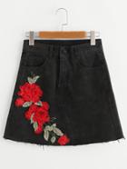 Shein 3d Embroidered Rose Patch Raw Edge Denim Skirt