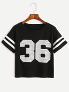 Shein Number Print Striped Sleeve T-shirt