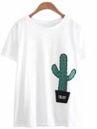 Shein White Flocking Cactus Casual T-shirt