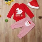 Shein Toddler Girls Christmas Embroidered Jumpsuit & Striped Pants & Hat