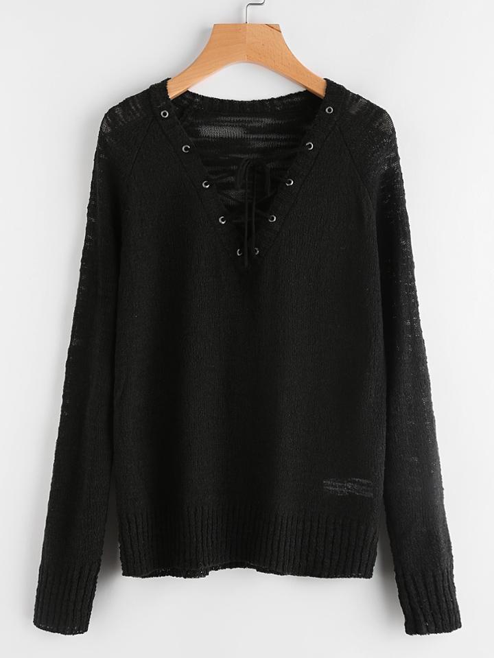 Shein Grommet Lace Up Loose Knit Jumper