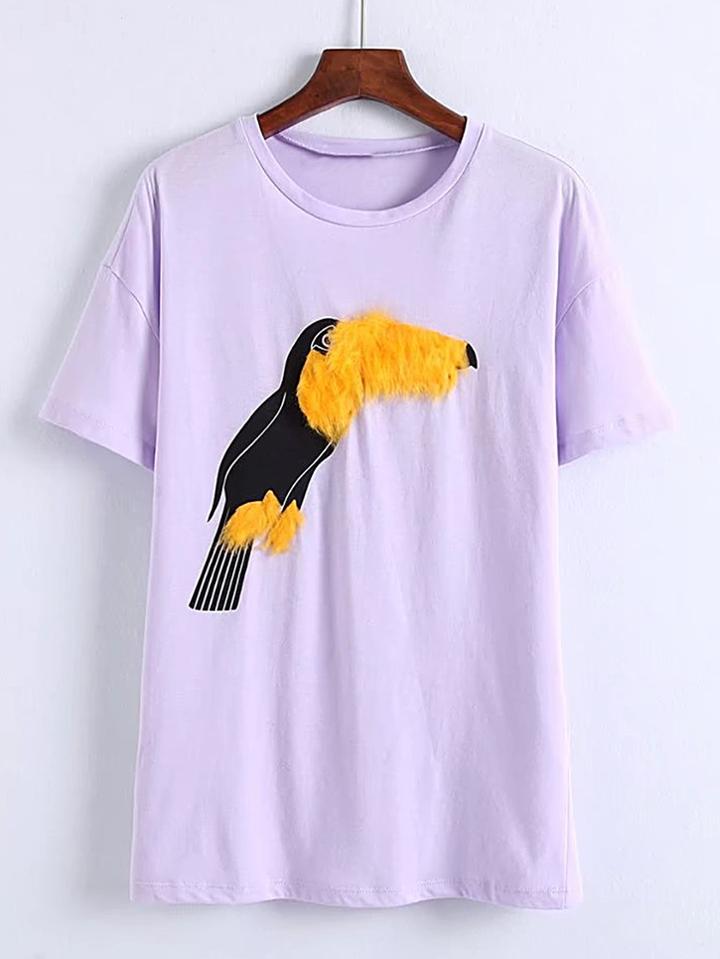 Shein Faux Fur Detail Bird Print Tee