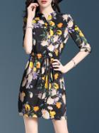 Shein V Neck Flowers Print Drawstring Dress