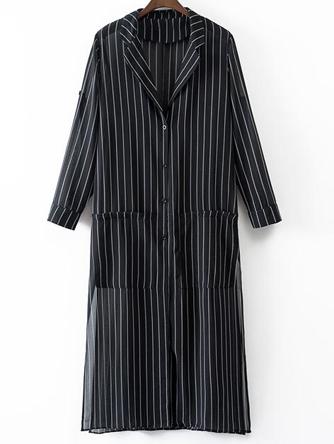 Shein Black Buttons Front Vertical Stripe Chiffon Blazer