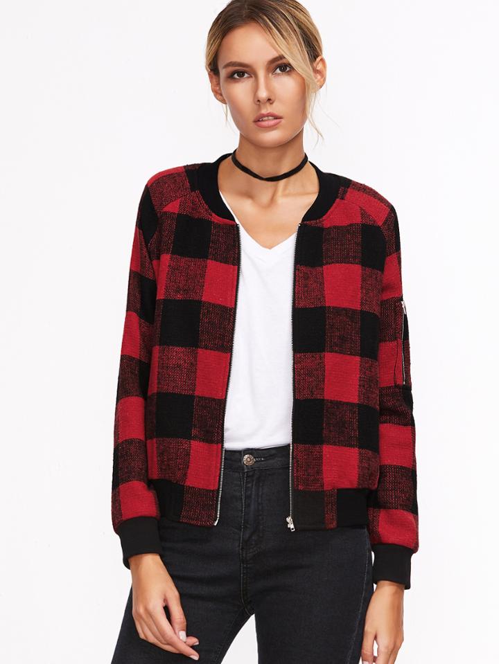 Shein Red Plaid Zipper Pocket Jacket