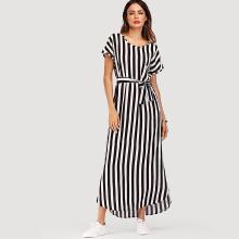 Shein Tie Waist Striped Curved Hem Dress