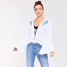Shein Flower Embroidered Bell Sleeve Knot Front Top