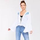 Shein Flower Embroidered Bell Sleeve Knot Front Top