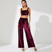 Shein Thick Strap Velvet Crop Top & Palazzo Pants Co-ord
