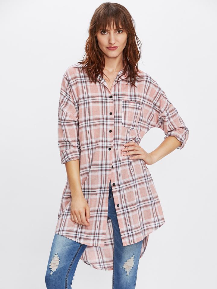 Shein Tartan Plaid Drop Shoulder Dolphin Hem Shirt