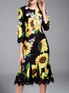 Shein Black Flowers Applique Sunflower Print Contrast Lace Dress
