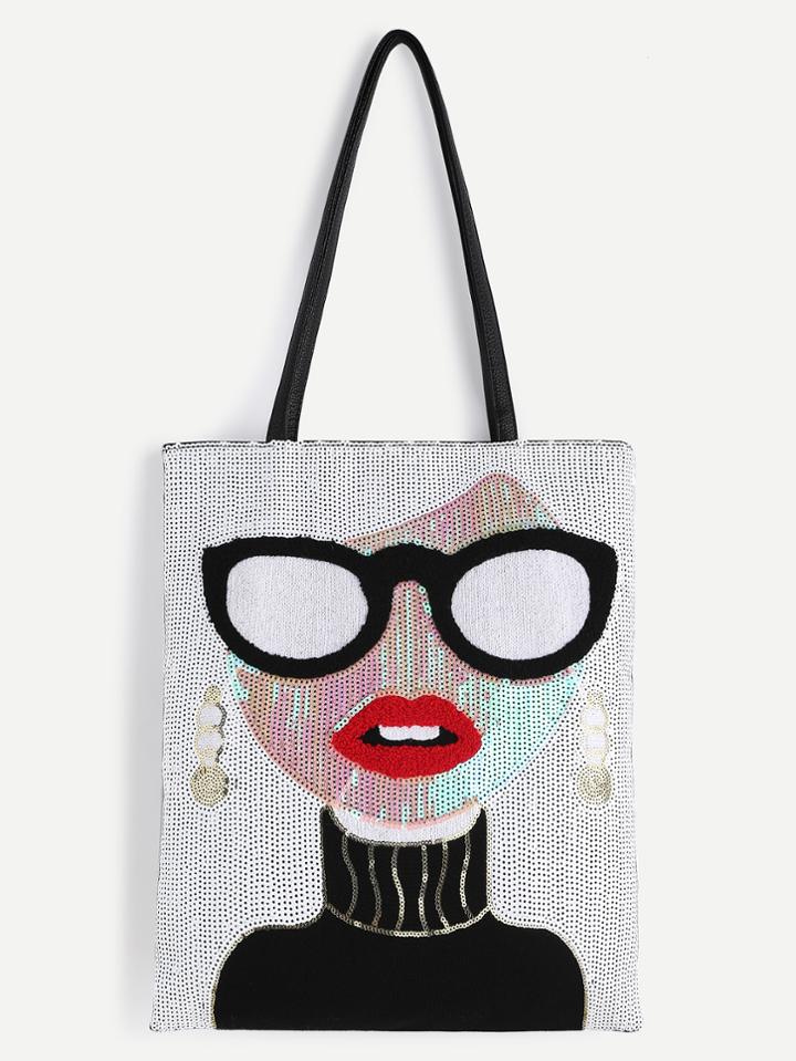Shein White Sequin Girl Cute Tote Bag