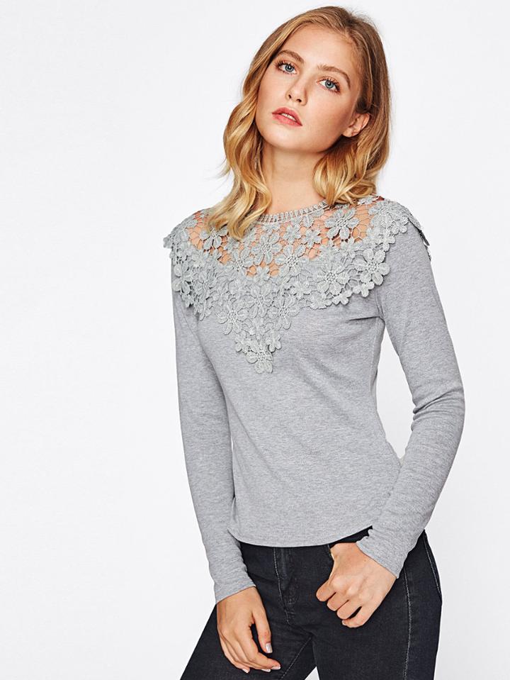 Shein Guipure Lace Yoke Slim Fit Heathered Tee