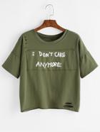 Shein Army Green Ripped Patch Drop Shoulder T-shirt
