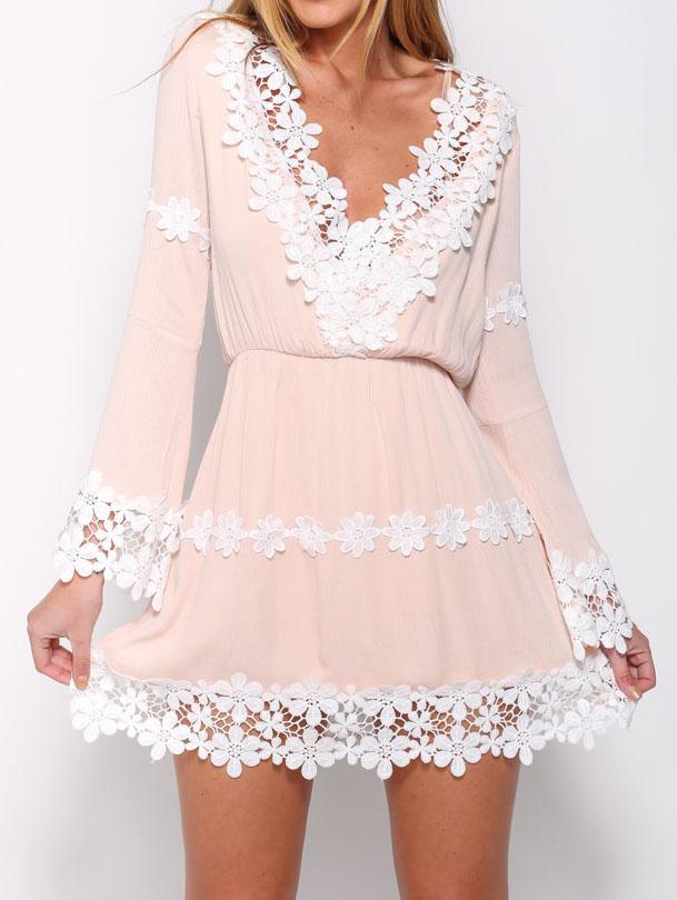 Shein Apricot V Neck Floral Crochet Dress
