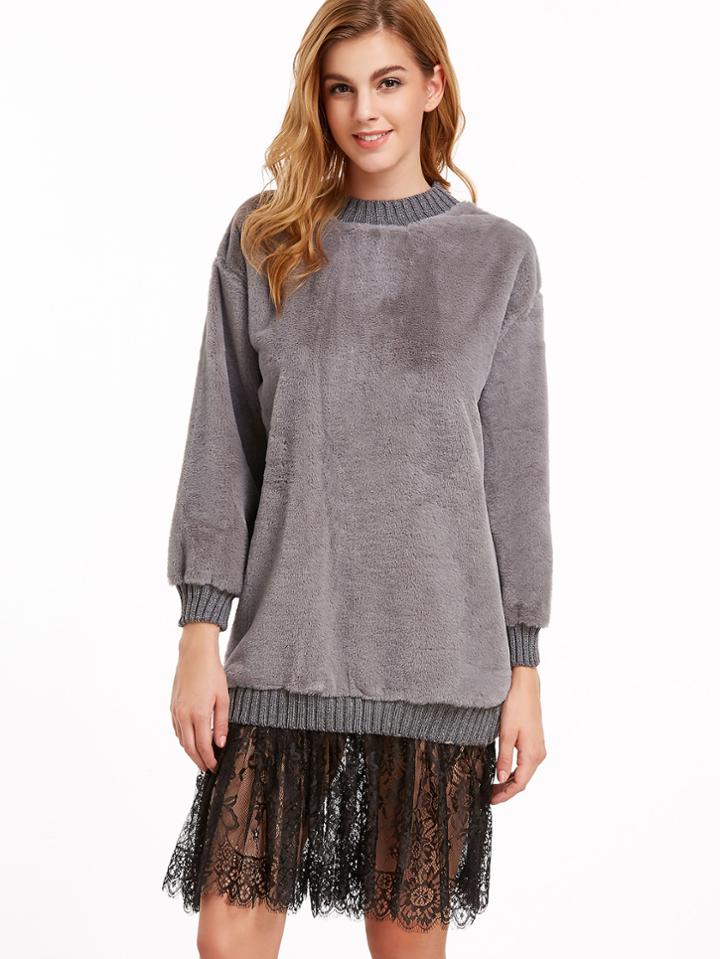 Shein Contrast Lace 2 In 1 Faux Fur Sweatshirt Dress