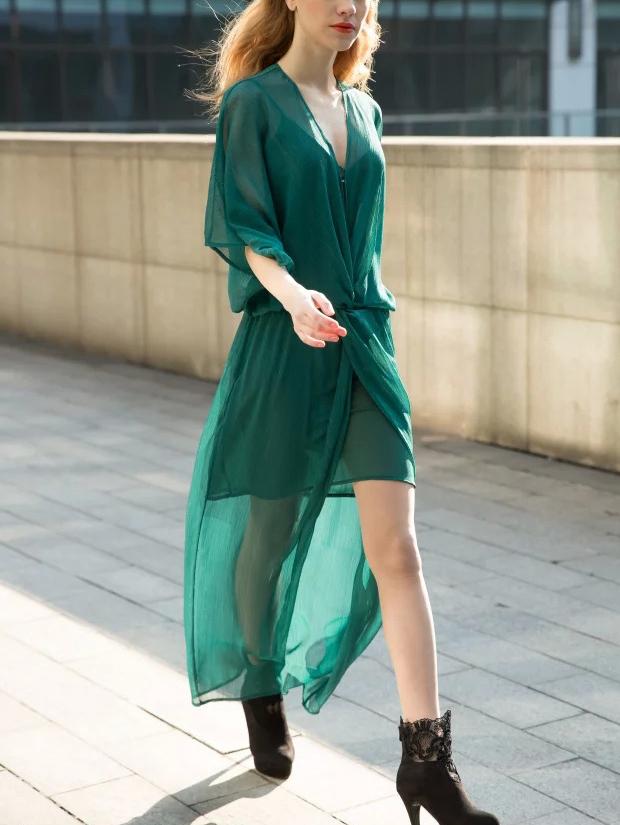 Shein Green V Neck Chiffon Beach Dress