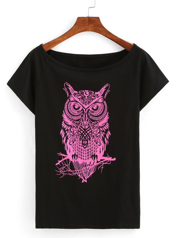 Shein Owl Print Short Sleeve T-shirt - Black