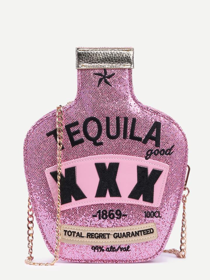 Shein Pink Glitter Wine Bottle Bag With Chain