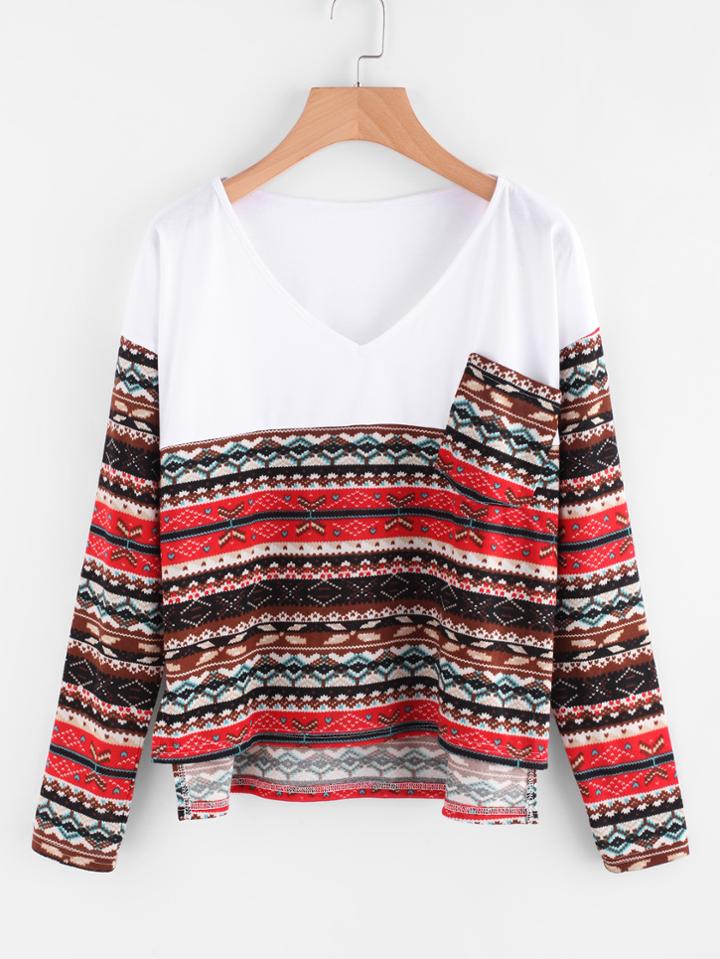 Shein Aztec Print Contrast Panel High Low Tee