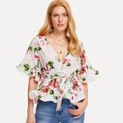 Shein Bell Sleeve Belted Floral Wrap Top
